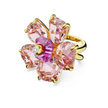 (6#=52mm) Gold Plated 5-Petal Pink Crystal Flower Statement Ring Square Fuchsia Center Stone Bold Cocktail Ring for Women 5657281
