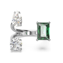(8#=57mm) Silver Three-Stone Open Bypass Ring, Emerald Baguette Pear & Round Clear Cubic Zirconia Two-Tone Statement Cocktail Ring for Women SOR0013
