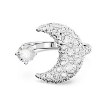 (8#=57mm) Silver Pave Crescent Moon & Single Round Star Crystal Open Bypass Statement Cocktail Ring for Women SOR0014