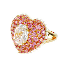 (8#=57mm) Giant Heart Pink Crystal Pearl Border Oval Center Gold Ring Romantic Gala Wedding Luxury Finger Jewelry 5690057
