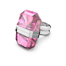 (6#=52mm) Silver Double Band Oversized Emerald Cut Pink Crystal Geometric Sculptural Statement Cocktail Ring for Women SOR0018
