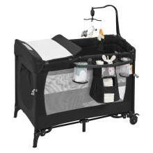 Lit de bébé 5-en-1 pliable, berceau à bascule, table à langer et parc de jeu avec roulettes, Noir