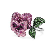 (8#=57mm) Silver Enamel Rose Fox Statement Ring Ombre Pink Crystal Flower & Green Leaf Pave Cocktail Ring for Women 5682817