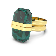 (7#=54mm) Yellow Gold Double Band Oversized Emerald Cut Dark Green Crystal Geometric Sculptural Statement Cocktail Ring for Women 5620721
