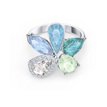 (6#=52mm) Silver Multi-Stone Flower Cocktail Ring Mixed Pear Marquise Round Pastel Blue Green Crystal Cluster Statement Ring for Women SOR0019