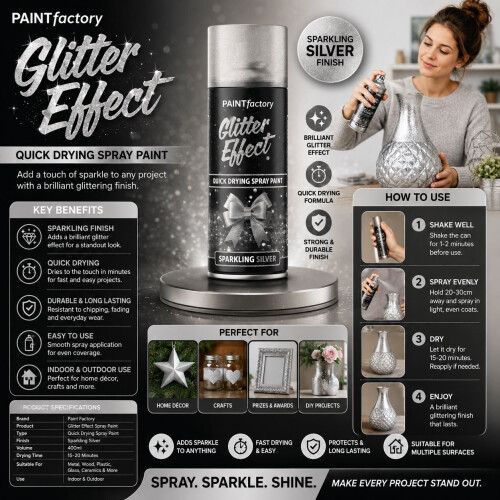 Rapide 1X - Paint Factory Silver Glitter Effect Spray Paint 400ml 1