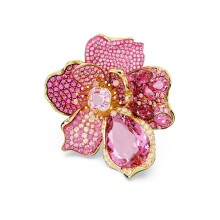 (7#=54mm) Gold Plated 3D Floral Statement Cocktail Ring Multi-Cut Gradient Pink Crystal Oversized Flower Cluster Luxury Ring for Women 5657285