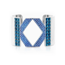 (6#=52mm) Two-Tone Blue Crystal Hollow Rhombus Wide Open Silver Cuff Ring Modern Bold Runway Party Finger Jewelry SOR0025