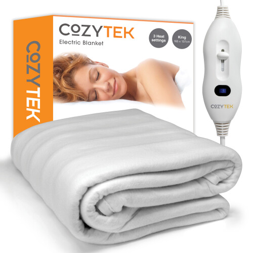 (King Size 165x137cm) Cozytek Electric Blanket Polyester Underblanket 3 Heat Settings White