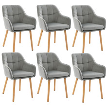 (Light Grey, Set of 6) Velvet Dining Chairs with Armrests, Wooden Legs - GOEURVANT