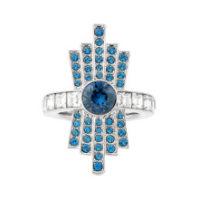 (6#=52mm) Vintage Gatsby Style Sunburst Deep Blue Crystal Art Deco Silver Statement Ring For Gala Wedding Retro Outfit SOR0026