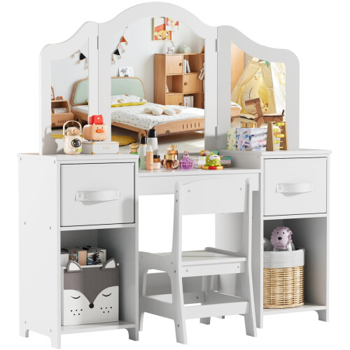 Kids Dressing Table Set w/ Stool, Mirror, Drawers