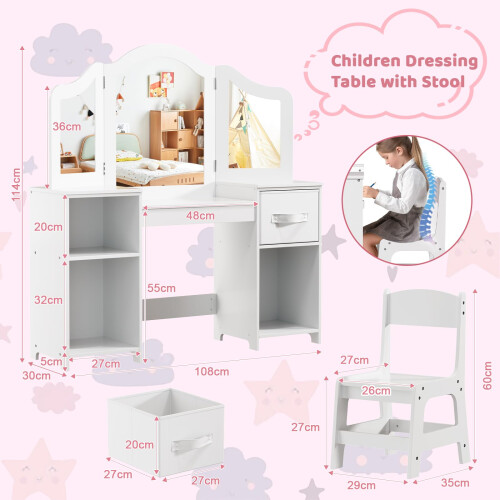 Kids Dressing Table Set w/ Stool, Mirror, Drawers 1