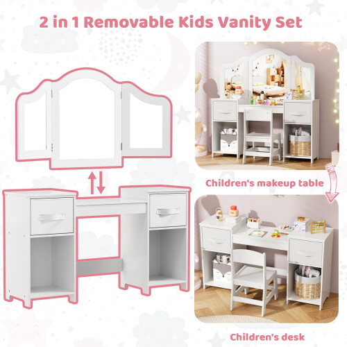Kids Dressing Table Set w/ Stool, Mirror, Drawers 2