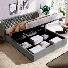 Cama tapizada de terciopelo gris 160x200 cm - cabecero orejera, somier de lamas, sin colchón