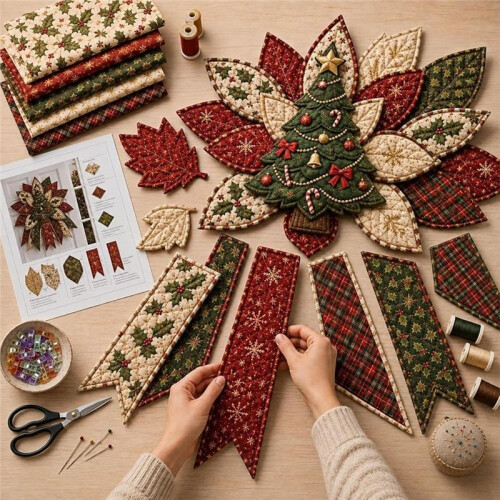 Festive Quilted Christmas Door Hanging DIY Sewing Kit for Beginners, Large Patchwork Fabric  Set 2