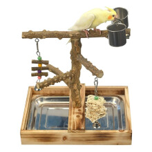 Aire de Jeux pour Oiseaux en Bois Naturel, Accessoires pour Cages à Oiseaux, Perchoirs pour Oiseaux, avec Plateau Amovible et 2 Tasses en Acier