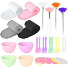 Ästhetik Gesichtsbedarf Set: 4 Silikon-Schalen, 4 Stirnbänder, 15 Komprimierte Schwämme, 10 Spatel, 4 Masken-Fächerpinsel
