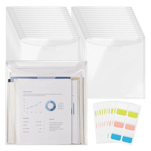 32 Pack Clear Plastic Snap Closure Document Storage Pouches with 60 Colorful Self-Adhesive Index Labels