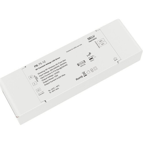 Transformateur LED Dimmable 75W avec Télécommande RF, Alimentation à Courant Alternatif Push-Dim pour Bande LED DC12V