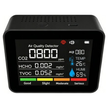 7 w 1 Monitor Jakości Powietrza Miernik CO2 Detektor Dwutlenku Węgla CO2 TVOC HCHO Dym Temperatura Wilgotność Detektor Czarny