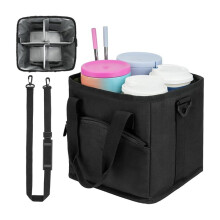 Reusable Drink Carrier with Handle - Insulated, Foldable 4-Cup Beverage Bag with No Spill Base, Adjustable Dividers