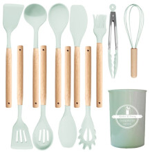 12pcs Silicone Kitchenware Set with Wooden Handles Non-Stick Cooking Tools Green