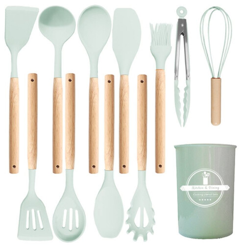 12pcs Silicone Kitchenware Set with Wooden Handles Non-Stick Cooking Tools Green