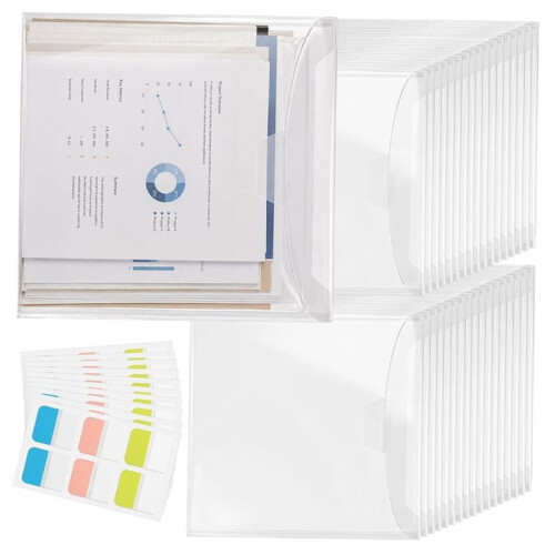 32 Pack Clear Plastic Snap Closure Document Storage Pouches with 60 Colorful Self-Adhesive Index Labels 1