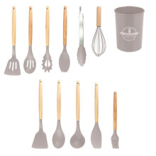 12pcs Silicone Kitchenware Set with Wooden Handles Non-Stick Cooking Tools Khaki