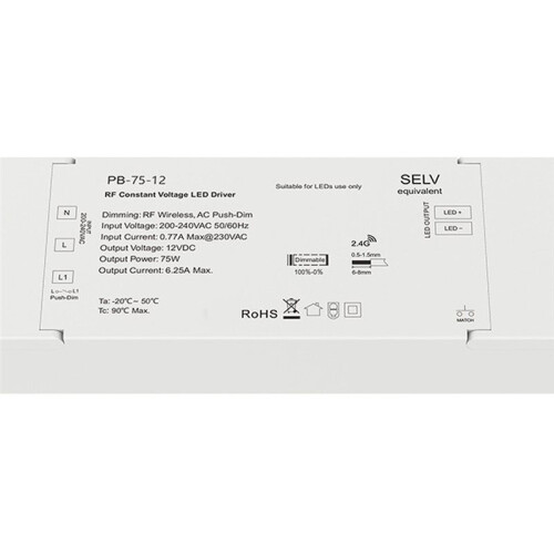 Transformateur LED Dimmable 75W avec Télécommande RF, Alimentation à Courant Alternatif Push-Dim pour Bande LED DC12V 2