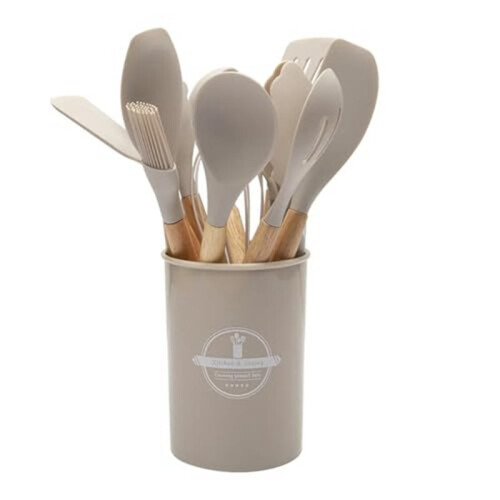 12pcs Silicone Kitchenware Set with Wooden Handles Non-Stick Cooking Tools Green 1