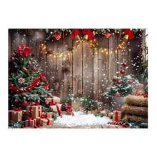 Christmas Party Backdrop Wood Wall Snow Tree Gifts Bells, Winter Family Photography Background Banner Decoration