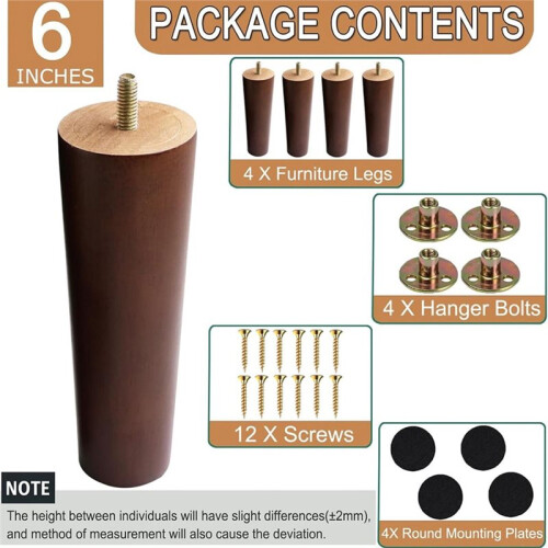 Pés de Móveis de Madeira Redondos de 6 Polegadas, Conjunto de 4, Pés de Substituição de Madeira Marrom com Parafusos de Suspensão Rosqueados 2