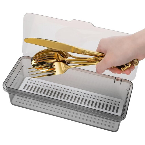 6 Pack Flatware Trays with Lid and Drainer, Plastic Utensil Holder for Kitchen Counter, Silverware Storage Box 2