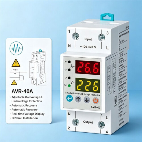 AVR-40A Dual Display Adjustable Voltage and over-Current Protection Relay Based Automatic Voltage Protector 1