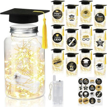 12 Sets 2026 Graduation Table Centerpieces with LED Lights, Black Grad Hat and Stickers, MasonJar Style Table Decor