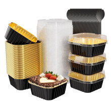 10oz Foil Cake Pans with Lids 50 Pack, Square Aluminum Baking Cups with Spoons Stickers for Loaf Muffin Cupcake,Black