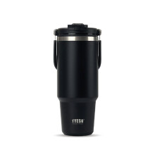 TYESO Vaso Aislado de 30oz, Taza de Acero Inoxidable para Hielo en Coche con Tapa, Pajilla, Taza de Viaje Portátil Negra