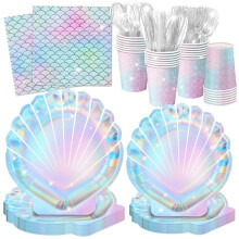 144Pcs Mermaid Party Supplies for 24 Guests, Under the Sea Birthday Decorations with Plates Napkins Cups Cutlery Set
