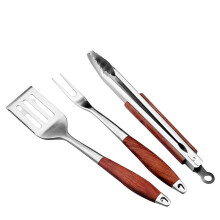 3-Teiliges Grillzubehör Set Aus Holz, Outdoor-Grillset mit Spatel, Gabel, Zange, Essentielle Zubehörteile