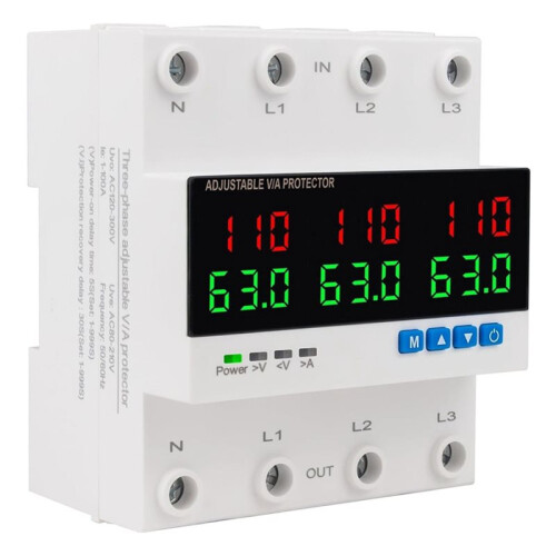Three-Phase Aadjustable Circuit Breaker 63A  over and Under Voltage Protector Regulator for Home RV Solar Systems