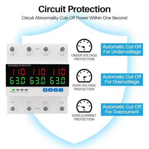 Three-Phase Aadjustable Circuit Breaker 63A  over and Under Voltage Protector Regulator for Home RV Solar Systems 1