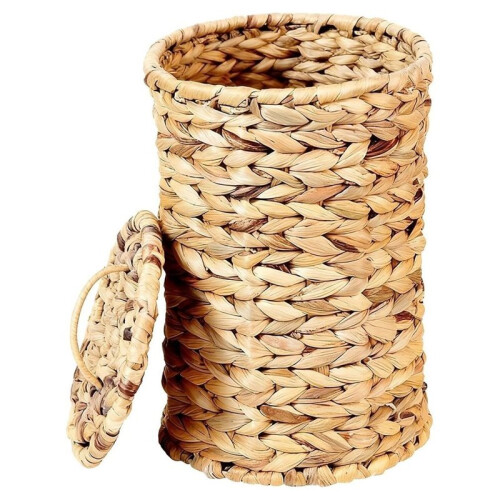 Woven Trash Can, Gourd Grass Basket, Rustic Home Decor Bin, Decorative Garbage Container with Lid, for Home