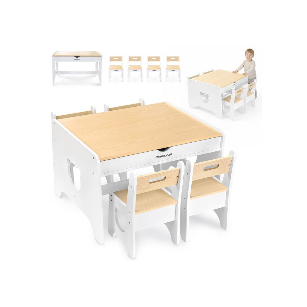 Mamabrum Kindertisch Mit Mdf-Holzstühlen - 2 Integrierte Schubladen - 4 Stühle - Sitzhöhe 26 Cm - Bärenmuster