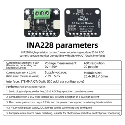 2pcs INA228 20bit Current Voltage Sensor Module, High-Precision 20-Bit ADC, I2C Interface for  Current Monitoring 1