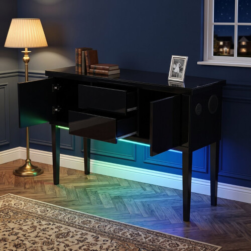 Aura High Gloss Black Sideboard with LED Light, USB & Bluetooth 120cm 1