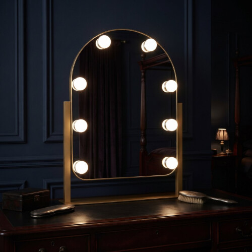 Gold LED Vanity Mirror with Touch Sensor, Dimmable Lights & Stand 2