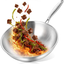 Padella Wok In Acciaio Inossidabile Tri-Ply da 12 Pollici, Pentole con Fondo Piatto di Spessore Pesante, Adatta per Piani Cottura A Induzione e
