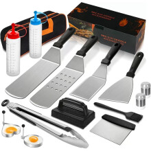 15Pcs Griddle BBQ Accessories, Professional Stainless Steel Barbecue Utensils Set with Burger Press, Spatulas, Egg Rings